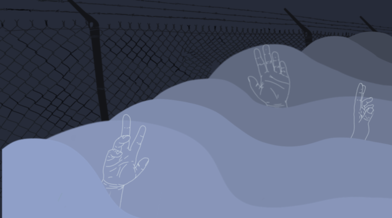 An illustration showing a barbed fire fence and white outlines of outstretched hands reaching upward.